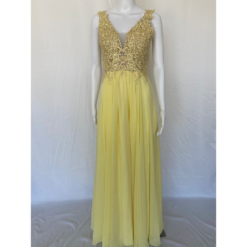 A-line V-Neck Floral Floor Length Prom Dress- Yellow